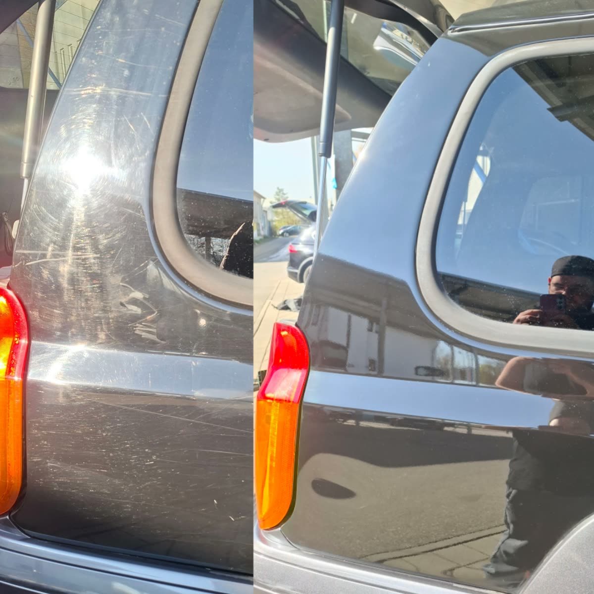 Vorher-Nachher-Vergleich einer polierten Fahrzeugseite